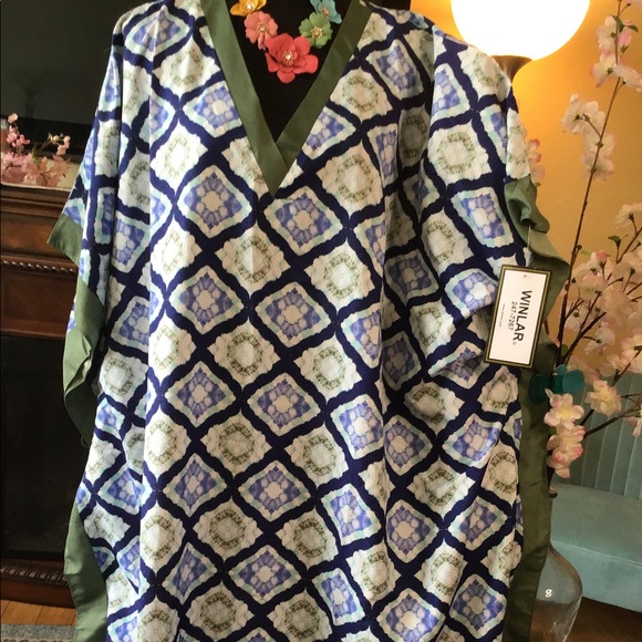 🌸NWT WINLAR MILLI” GEO BLUE & GREEN COVERUP CAFTAN DRESS - Picture 3 of 15